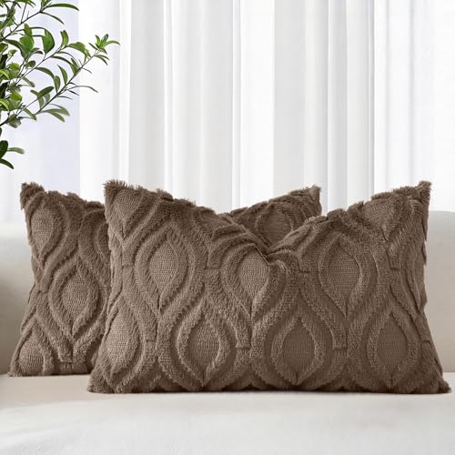 Image of decorUhome Fall Throw Pillow Covers 12x20 Inch Set of 2, Soft Plush Faux Wool Brown Solid Couch Pillow Covers, Accent Farmhouse Neutral Rectangle Pillow Cases for Sofa Bed Living Room
