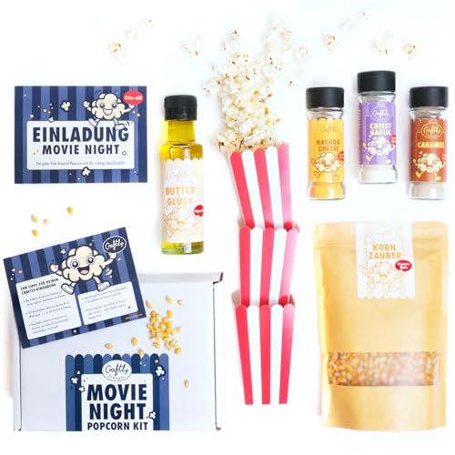 Craftly Movie Night Kit | Popcorn Geschenkset mit 3 Gewürzen, 500g Mais, Butteröl & Tüten | Kinoabend Snack-Set für Zuhause | Geschenk für Männer, Frauen & Kinder