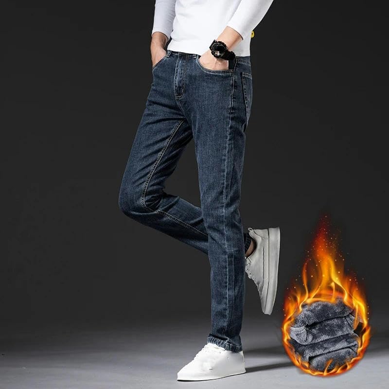 Winter Korean Jeans Men's Thickened Warm Elastic Slim Straight Denim Trousers4