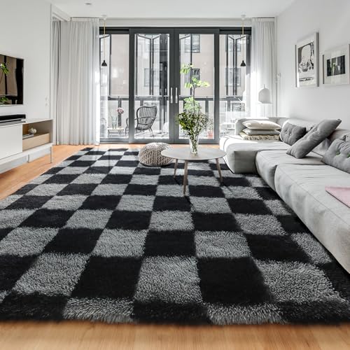 Image of KICMOR 6x9 Area Rugs for Living Room, Large Fluffy Soft Black and Grey Checkered Big Fuzzy Shag Shaggy Bedroom Carpet, Indoor Plush Rug for Kids Boys Girls Room Dorm Nursery Home Decor Aesthetic