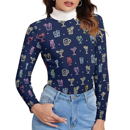 Alcohol Cocktail Signs Fashion Women's Turtleneck Foldable Long Sleeve Shirt Sweater Autumn and Winter Tops