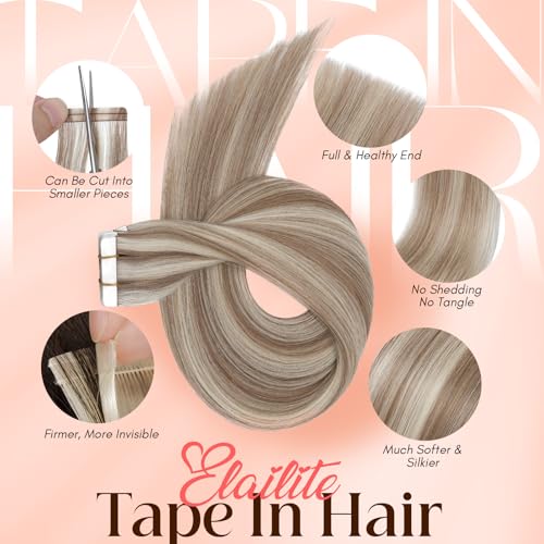 Image of Elailite Tape in Hair Extensions Human Hair Thick Real Remy Hairpieces Golden Brown & Bleach Blonde 14 Inch 40g 20pcs Straight Invisible Seamless Skin Weft Best Tape for Women