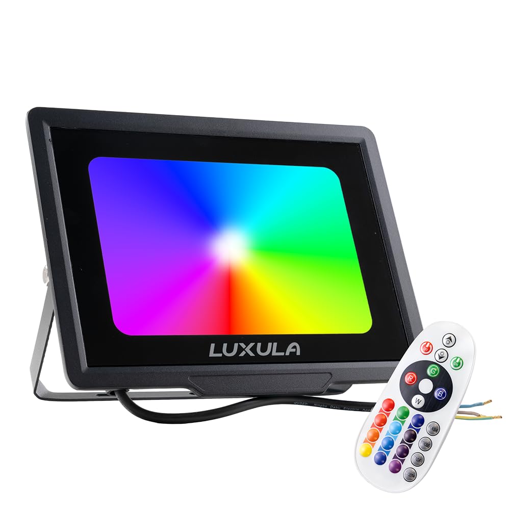 LUXULA 2 Stück RGB LED Strahler Fluter Außen 100W Dimmbar mit Fernbedienung - IP65 Außenleuchte Bunt Flutlichtstrahler Garten Party Outdoor