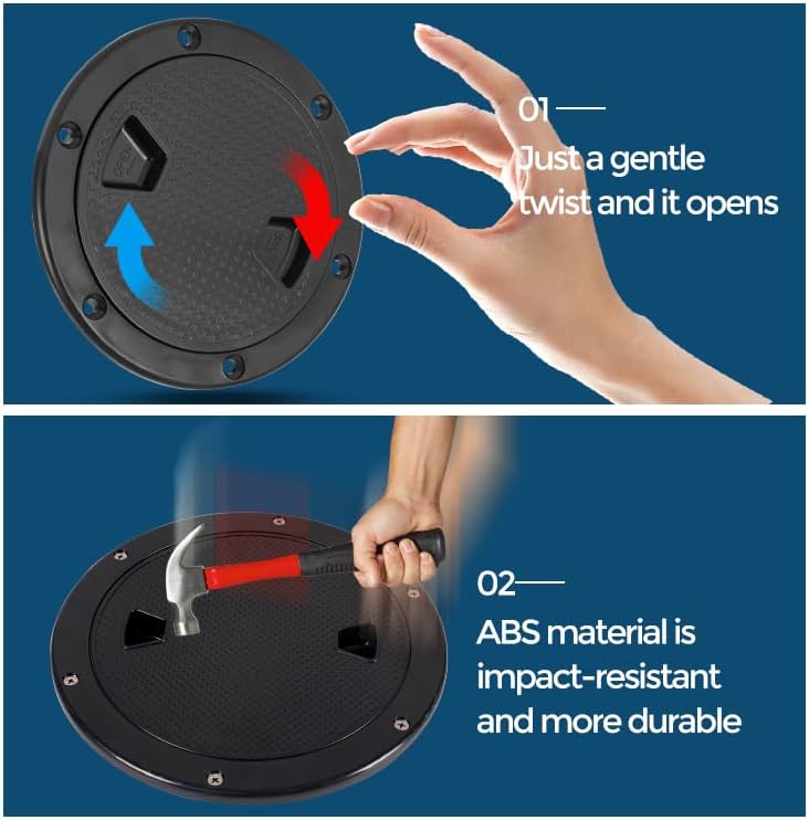 Miniatura 7 de Boat-Ready Black Round Non-Slip Inspection Hatches - Sizes 4", 6", 8" with Detachable Cover - ABS Plastic Screw Out Access Hatch Cover for Kayak,