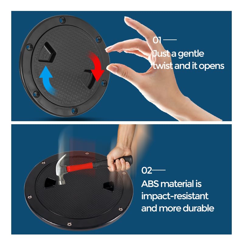 Boat-Ready Black Round Non-Slip Inspection Hatches - Sizes 4", 6", 8" with Detachable Cover - ABS Plastic Screw out Access Hatch Cover for Kayak, Yacht, Marine Accessories