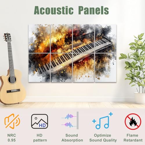 Paneles acústicos artísticos 8 piezas, absorbentes de sonido con diseño musical negro y dorado, autoadhesivos para estudios y oficina, 48"x32" miniatura 3
