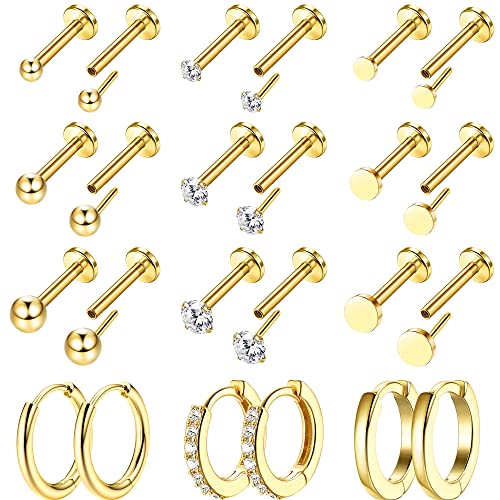 IRONBOX 12 Pairs Tiny Stud Hoop Earring 18K Gold Plated Stainless Steel Earring Sets for Multiple Piercing Small Threadless Flat Back Earrings Cartilage Hoop Earrings