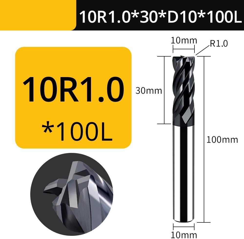 1pcs HRC60 Carbide Corner Radius End Mill 4Flute Metal Router Bit R0.5 R1 CNC R Bullnose Milling Cutter Tungsten Carbide Steel Milling Cutter Tool(10R1XD10X100L,10Pcs)