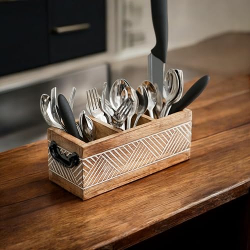 Image of Ikari Homes Wooden Cutlery Holder With Antique Carving Geometric Pattern I Cutlery Stand For Spoon /Fork /Tissues I Premium Cutlery Stand For Dining Table I 10 In X 4 In X 4 In With Handles, Brown