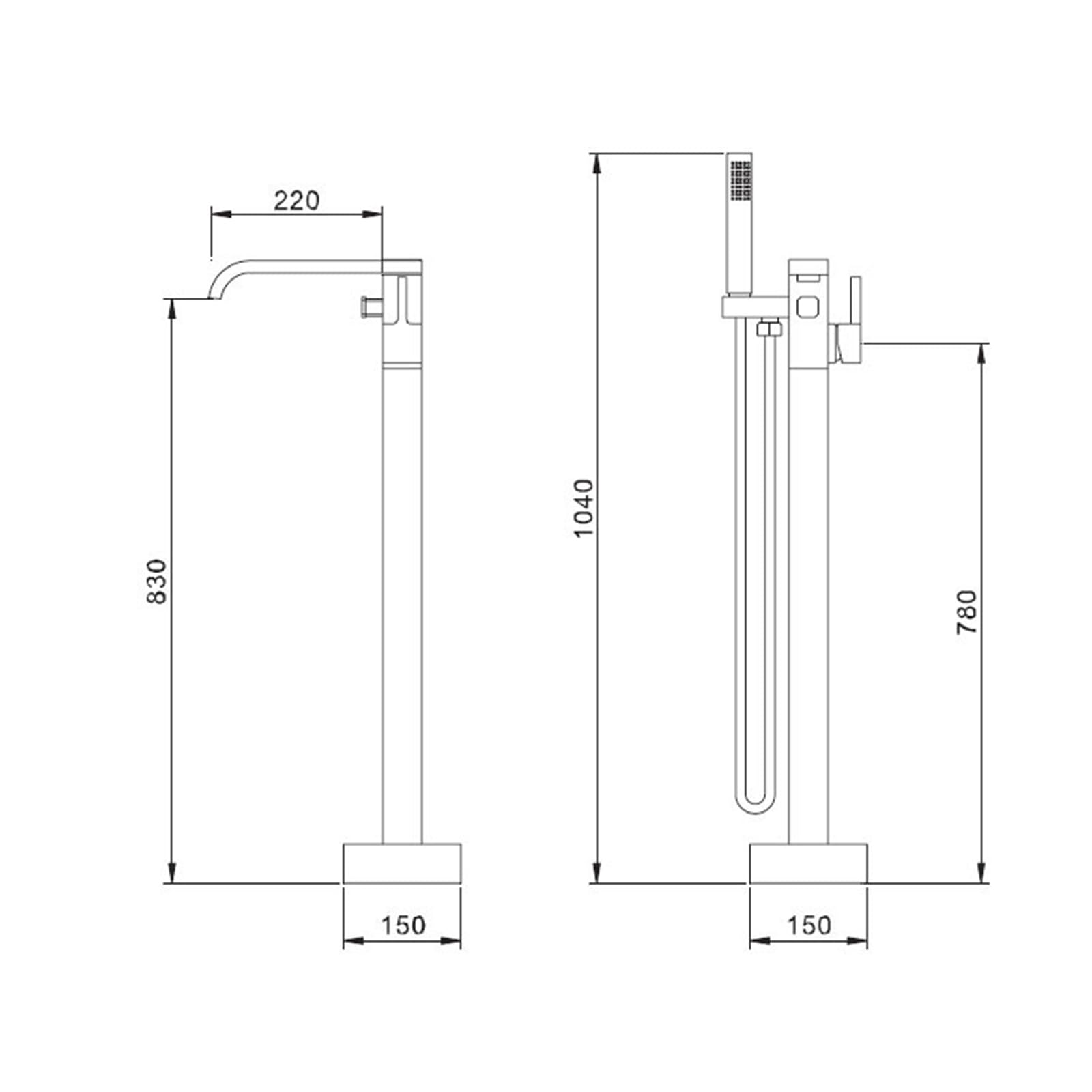 Bateria wannowa z mieszaczem do natrysku, wolnostojąca, obrotowa o 360°, 2 tryby, wodospad, z prysznicem ręcznym, czarna,Drawing