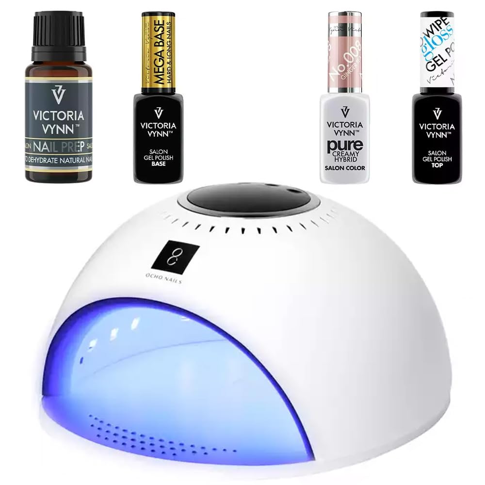 Victoria Vynn Pure Creamy Hybrid Set – LED UV 84 W, Mega Base, Salon Nail Prep, Oh! My Gloss Top Coat, Exemplary Red (Ginger Tea)