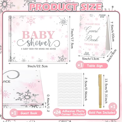 Image of Fuyoooo 27 Pcs Pink Snowflake Baby Shower Guest Book with Pen