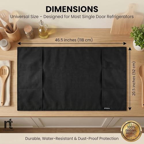 Image of NABAAT Fridge Cover Top for Single Door Refrigerator Kitchen Decor Durable Dustproof Waterproof Modern Design with 6 Side Pockets for Kitchen Accessories - 46.5 inch x 20.5 inch (Black)