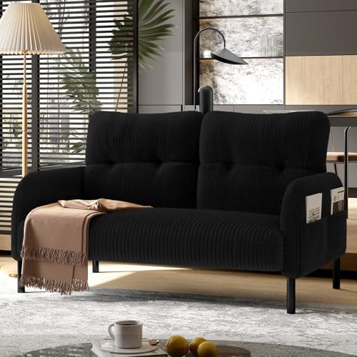 EURHCIO Canape 2 Places,Fauteuil Salon,Chaise Velours Cotele,avec Dossier Haut,Poches Latérales et Pieds Métal,pour Salon Bureau Chambre (Noir, 2 Places)