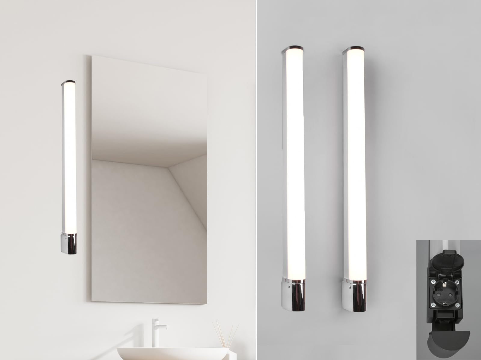 Juego de 2 lámparas de pared LED para cuarto de baño con enchufe e interruptor, color plateado cromado, ancho de 79 cm – lámpara de espejo