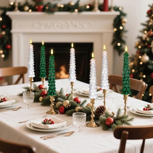 Image of Christmas Tree Candles with Remote Timer, 4 Pcs Waxy Flameless Taper Candles Flickering, Battery Operated LED Candlesticks with 3D Flame Wick, White Window Candle for Christmas Decorations