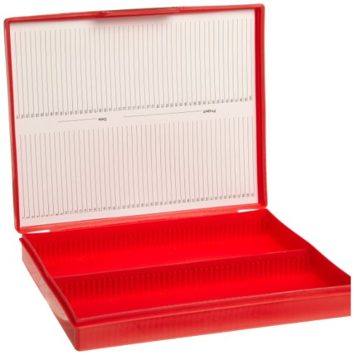 Heathrow Scientific Polypropylene Microscope Slide Box with Latch Lock, Holds 100 Slides, Red