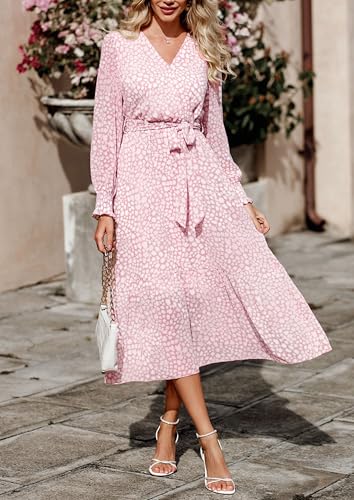 Image of PRETTYGARDEN Women's Floral Boho Dress Fall Long Sleeve Wrap V Neck Ruffle Flowy Maxi Spring Wedding Guest Vacation Dresses