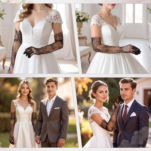 Black Lace Gloves, Elegant Long Lace Gloves Women, Floral Mesh Tea Party Glove for Bridal Wedding Engagement Cocktail Cosplay Halloween Accessories (Elbow Length)2