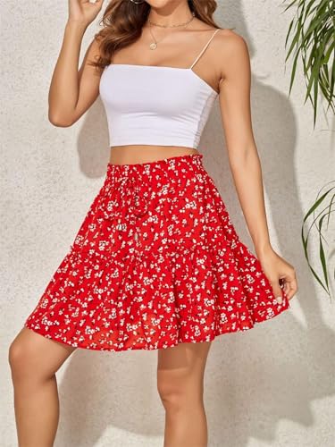 Women's Fresh Floral High Waisted Drawstring Skirt with Layered Ruffle Edges Elegant Casual Mini Skirt 5