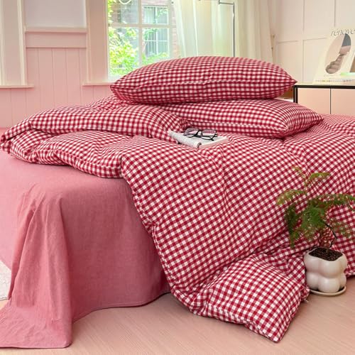 Image of LifeTB Queen Comforter Set Red Gingham Comforter Modern Style Plaid Boho Comforter Set 3 Pieces Fluffy Grid Checkered Comforter with 2 Pillowcases Farmhouse Gingham Bedding Set Queen Size