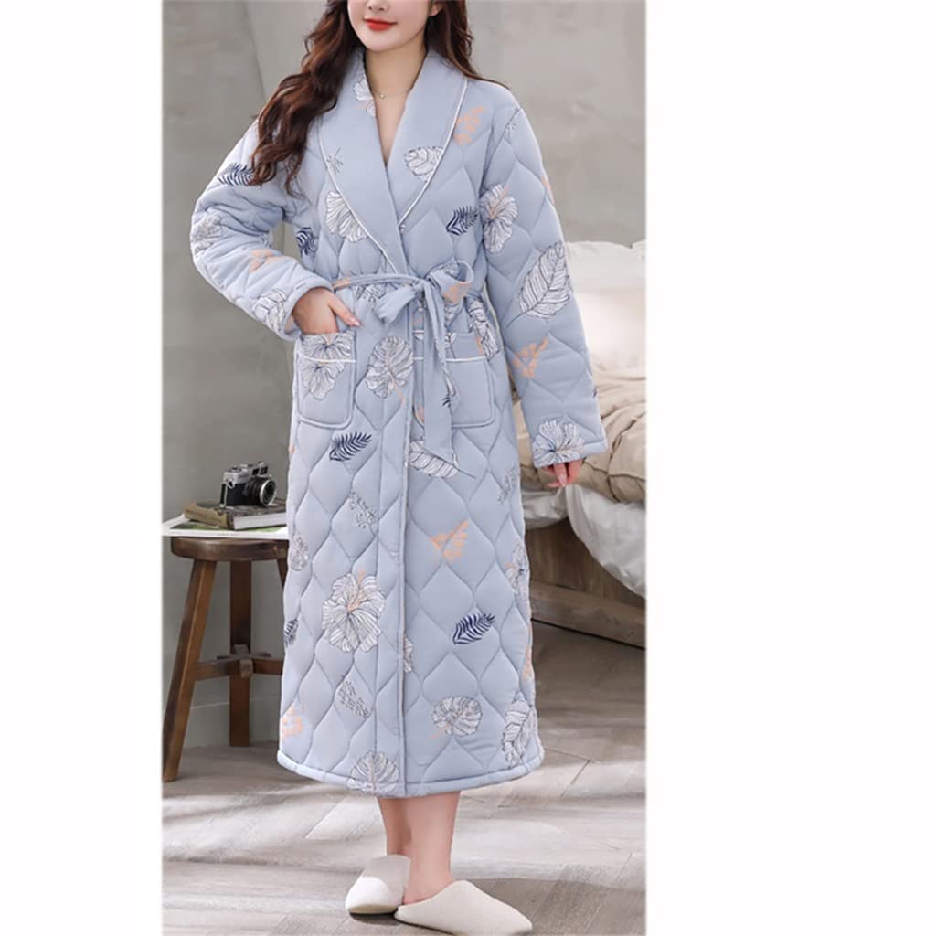 CSCDD 青い厚くなった冬の格子縞の刺繍された長い浴衣の女性