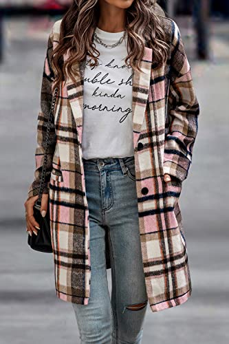 PRETTYGARDEN Women Plaid Shacket Jacket Trendy Fall Casual Button Wool Blend Tartan Trench Coat Winter Clothing with Pockets