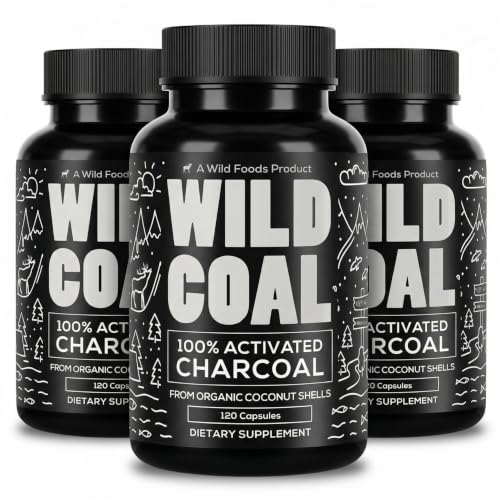 Image of Wild Foods Activated Charcoal Capsules, 100% Organic Coconut Shells, 3 Pack | 120 Count Each, Supports Bloating Relief, Lab Tested & Non-GMO Detox Pills, Worldwide Sourced