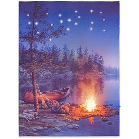 Nexos LED Wandbild Leinwandbild mit Beleuchtung Fotodruck Kanu 30x40 cm Kunstdruck Leuchtbild Effekt-LED Flussufer Lagerfeuer Cover