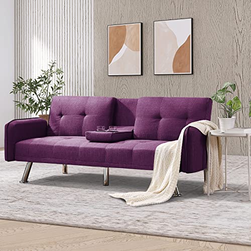 Soarflash Twin Size Convertible Futon Sofa Bed Modern Loveseat Sofa For Living Room,Bedroom Upholstery Fabric Sleeper With Armrest And 2 Cup Holder,Purple #TOP10