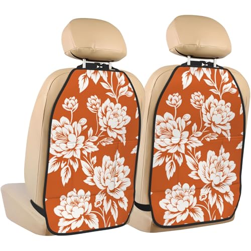 Orange Large Flower Pattern Car Seat Back Kick Protectors,2 Pack Kick Mats With Storage Pockets For Vehicles To Protect From Dirt Mud Scratches
