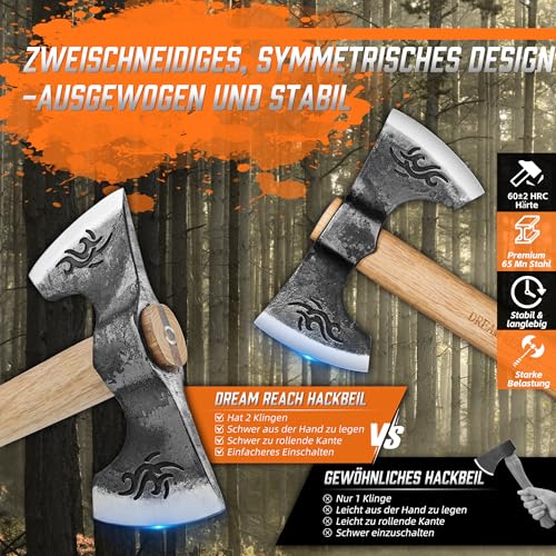 Dream Reach Axt Beil Set - 2PCS Doppelaxt Wikingeraxt Camping Beil Outdoor, Tomahawk Holzgriff Axt Holz Spalten für Bushcraft Wald Garten Männer Geschenke – Bild 6