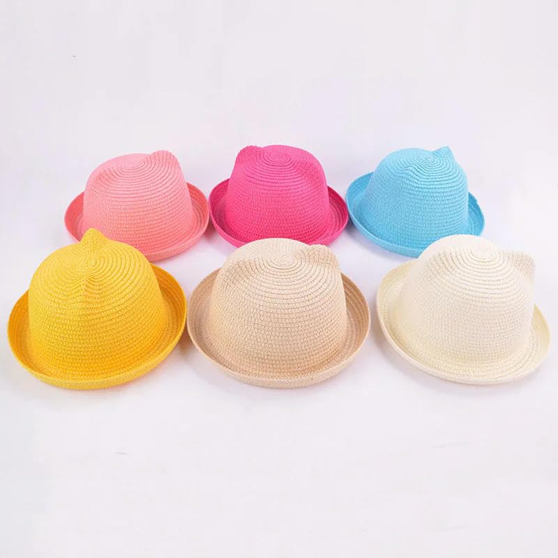 Sombrero De Pescador Para Bebés Sombrero De Paja De Peinado Cubo De Verano Sombrero De Sol Orejas Lindas Sólido de Felpa Sombrero De Playa para Niños