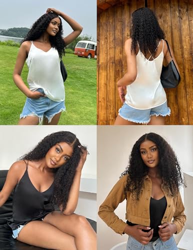 Image of Ekouaer Womens 2-Pack Silk Satin Camisole Tank Top V Neck Sexy Cross Back Spaghetti Strap Cami Sleeveless Lounge Tops S-XXL