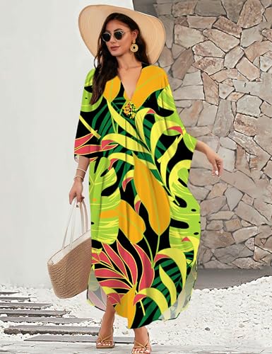 Image of MAKABO Kaftan Dresses for Women, V Neck Moo Moos Colorful Print Cover Ups Caftan Beach Dresses for Swimwear
