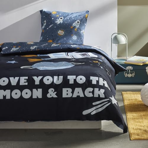 Bettwäsche Set für Jungen und Mädchen 135x200 80x80 cm · Süße Kinderbettwäsche aus 100% Baumwolle mit Reißverschluss · Welltall Weltraum Bettwäsche mit Planeten Rakete Sterne Mond und Liebes-Spruch