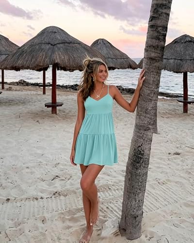Image of Nova In Sky Womens Summer Mini Dresses Sleeveless Casual V-Neck Sundresses | Spaghetti Strap Casual Boho Mini Dress, Backless Ruffle A Line Mini Swing Skater Dress, Beach, Vacation, Concert, Graduation