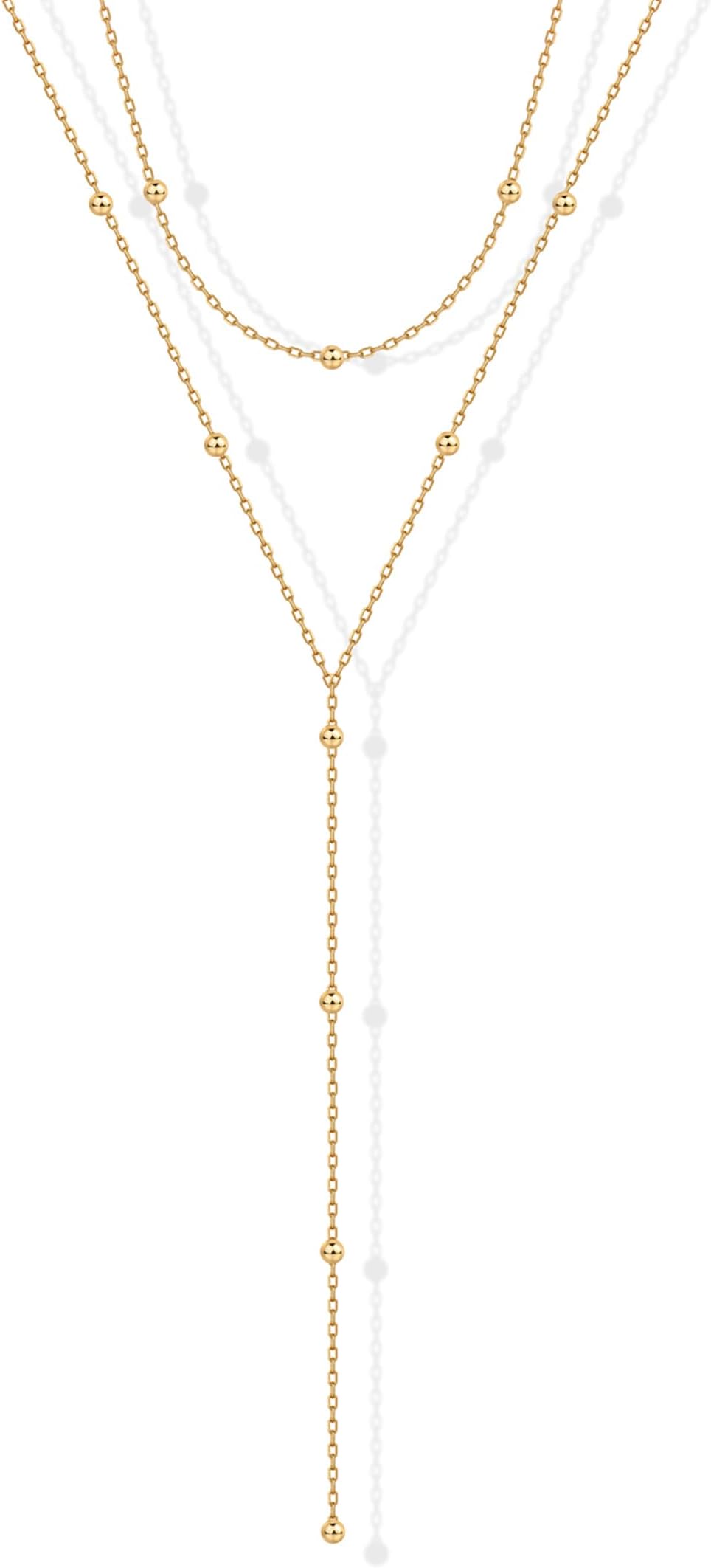 14K Gold Plated Drop Lariat Chain for Women - Gold Cubic Zirconia Long Necklace - Station Star Layered Beaded Y Necklace