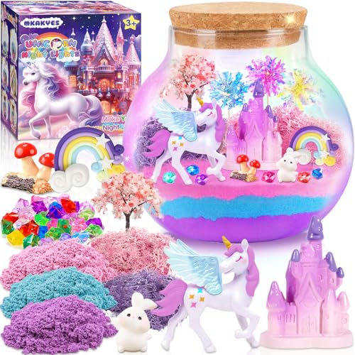 MKAKYES Kit de Terrarium Licorne, Licorne Fille Kit Veilleuse avec Télécommande et Lumières Colorées, Bricolage Terrarium Plante Jouet, Kit d'art et D'artisanat pour Enfants 4-12 Ans