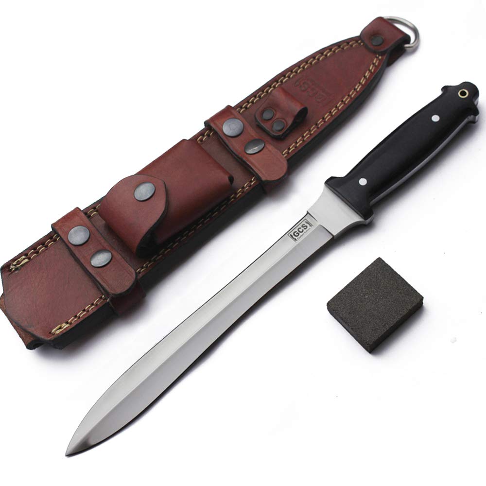 GCS Handmade Survival Tactical Hunting Black G10 Handle with Brown Leather Right or Left Hand Horizontal Fixed Blade Knife Sheath & Sharpening Stone GCS231