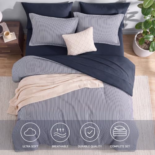 Image of Monbix Queen Comforter Set-7 Pieces Soft Bed in a Bag Queen Bedding Sets | Crown Blue Vertical Ticking Stripe Lightweight All Season Comforter Set with Sheets, Pillowcases & Shams