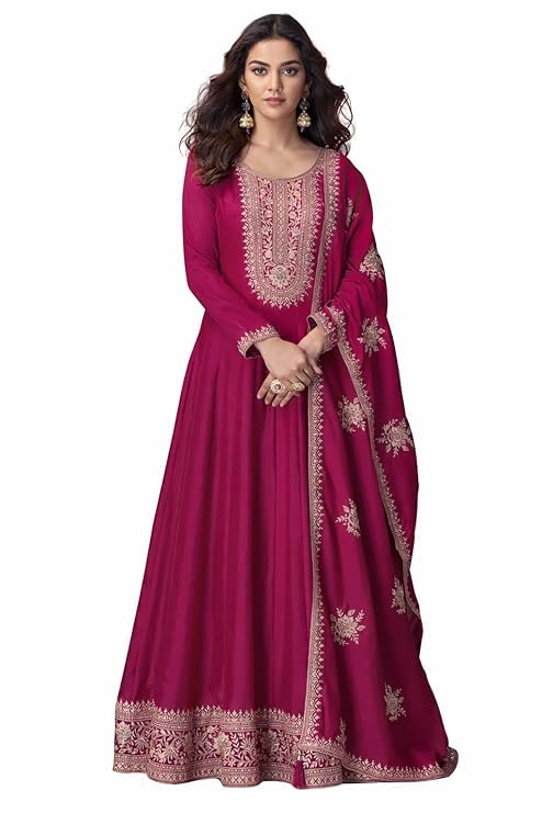 Anarkali Gown with Dupatta Set for Women with Golden Zari Embroidered Details | Long Sleeve Ethnic Ready to Wear Dress-image-19