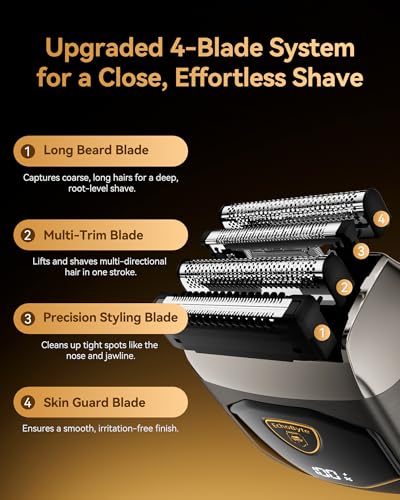 Full Metal Electric Foil Shaver for Men: 4 Floating Blades, IPX7 Waterproof Wet & Dry Mini Razor, 120-Min Runtime USB-C Rechargeable, Quiet Travel Groomer with LED Display & Travel Lock - Image 5