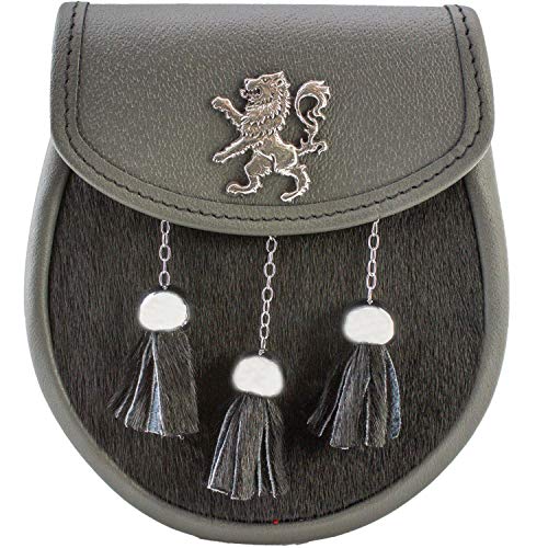 Sporran fausse fourrure noire cuir gris avec badge lion pour kilt écossais traditionnel
