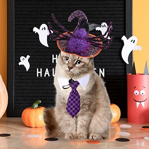 Xgdmeil Dog Halloween Costumes Halloween Cute Funny Spider Dog Wizard Hat And Purple Plaid Dog Necktie Set Halloween Puppy Cat Costume Pet Costumes For Small Dog Cat Apparel Party Dress Up Accessories #TOP2