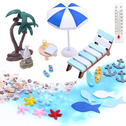 22 Stück Strand Mikrolandschaft Strand Deko Miniatur Set Mini Liegestuhl Kleine Tisch Schirm Palme Deko Sommer Mini Muschel Miniatur Dekoration Accessoires Für DIY Garten Puppenhaus Dekoration