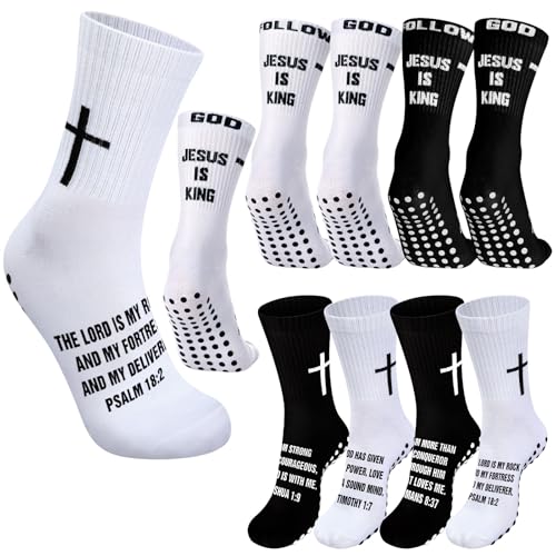 Jamntower 4 Pairs Cross Grip Soccer Socks with Bible Verse Anti Slip Religious Jesus Christian Football Sock with Rubber Dots(Black, White,Bible Verse)