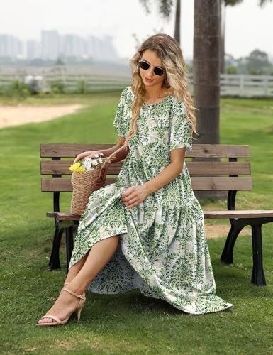 Image of YESNO Women Casual Loose Bohemian Floral Dress with Pockets Short Sleeve Long Maxi Summer Beach Swing Dress EJF