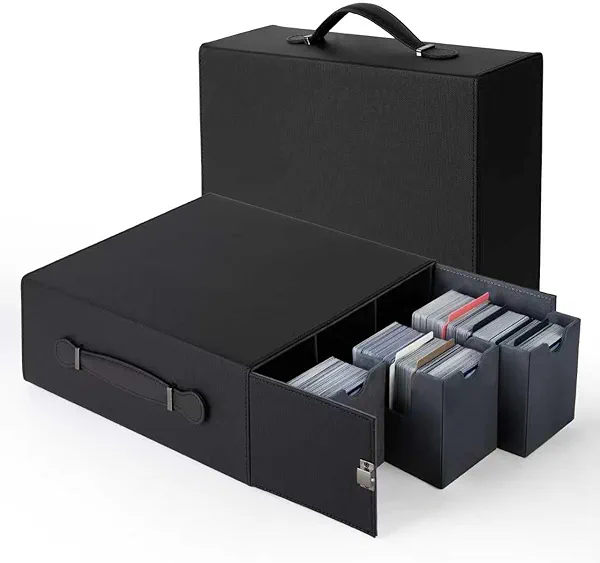 Gvirtcoz Collectible Trading Card Cases with Portable Handle, with 8Colorful Divider Tabs&3card supporters,PU Leather Commander Card Deck CaseforMTG Game Cards (3 Rows-Black & Grey)