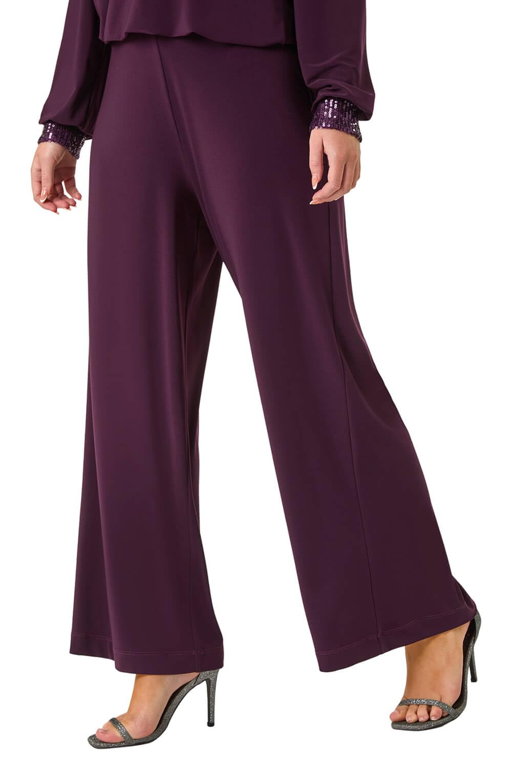 Roman Wide Leg Trousers for Women UK Ladies Palazzo Pants Evening Jersey Elasticated High Waist Smart Flared Culotte Office Work Going Out Loose Crepe Bottoms - Petite Plum - Size 10